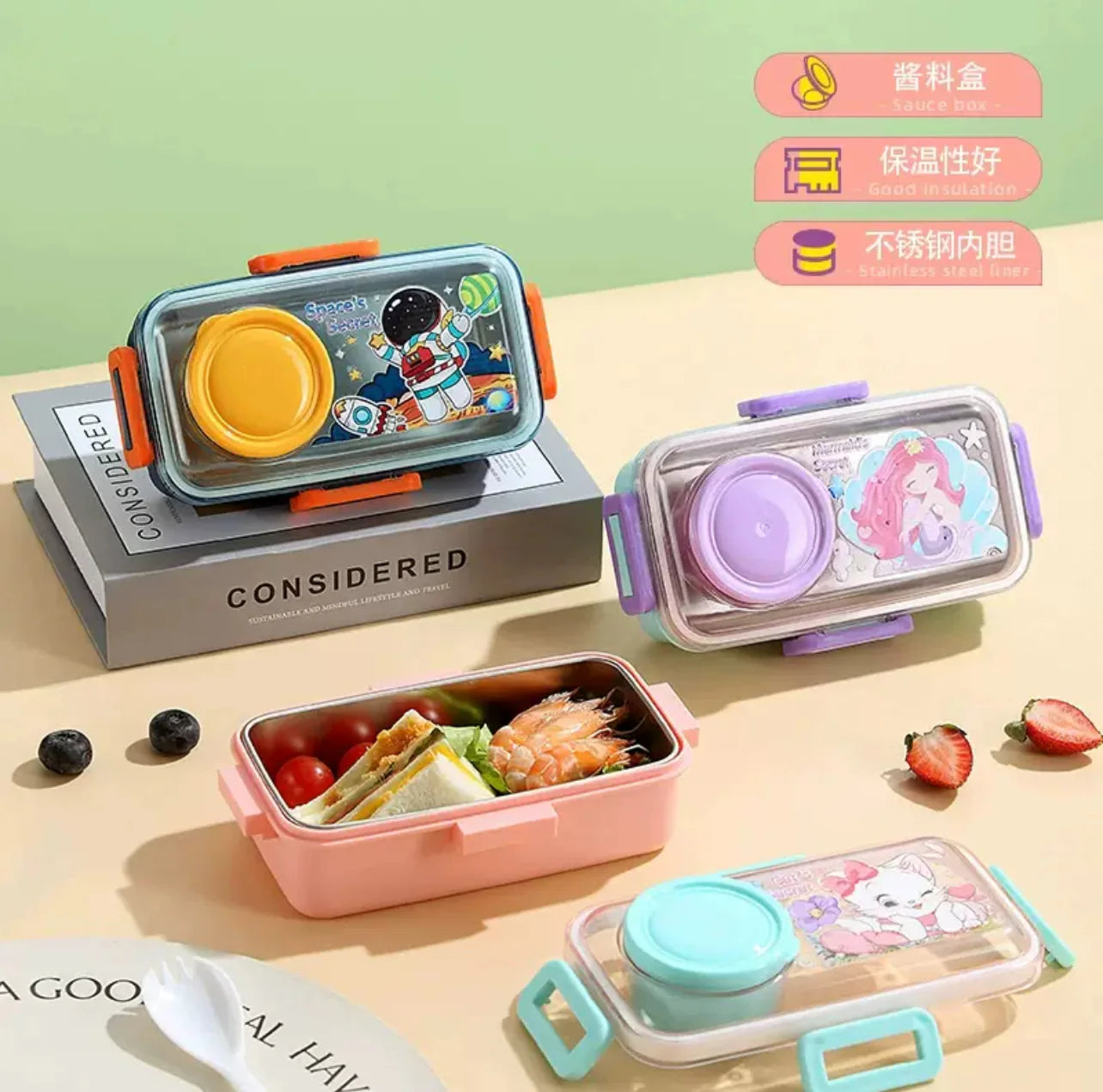 Cute Insulated Stainless Steel Lunch Box with Sauce Cup
