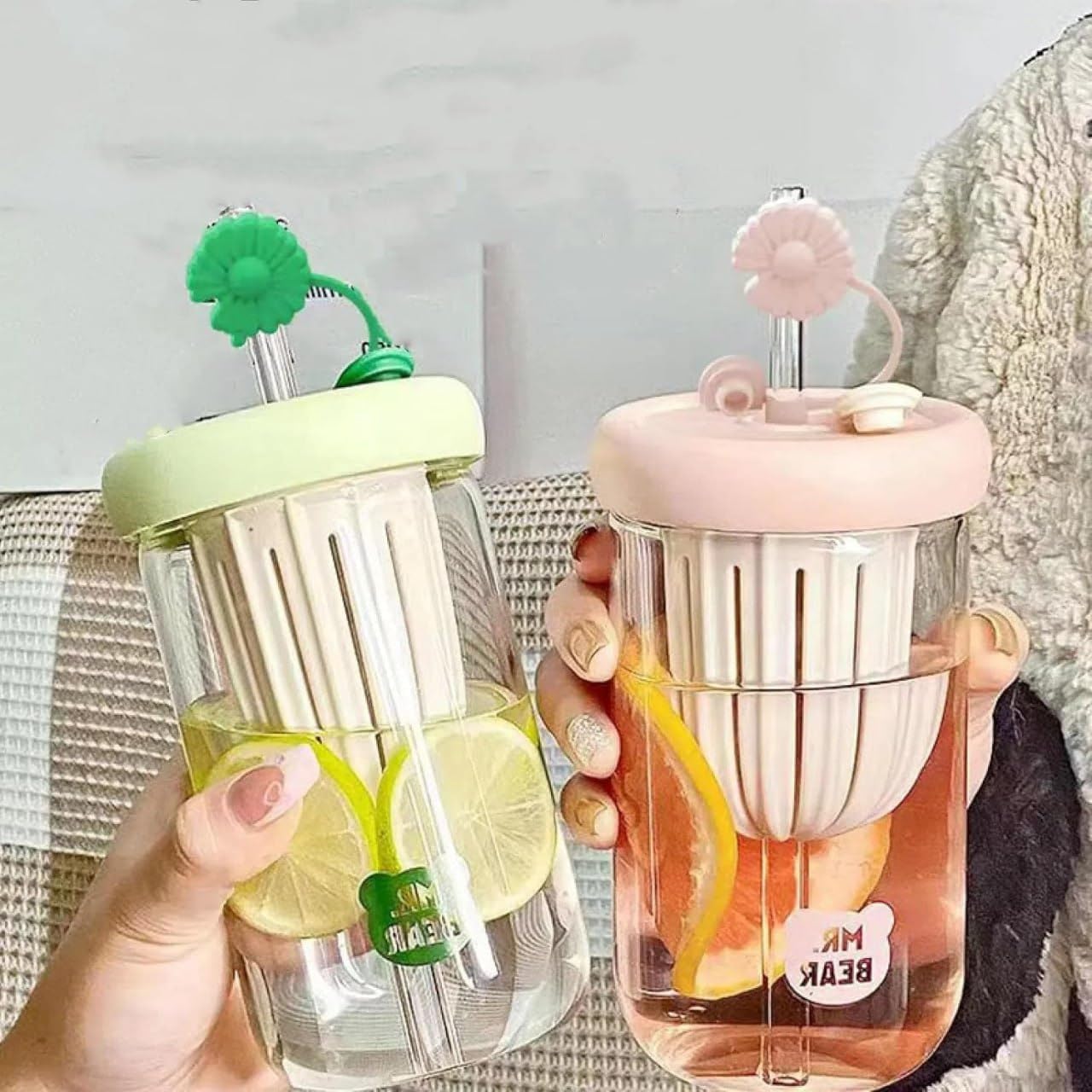 Glass Tumbler With Fruit Infuser Lid & Straw