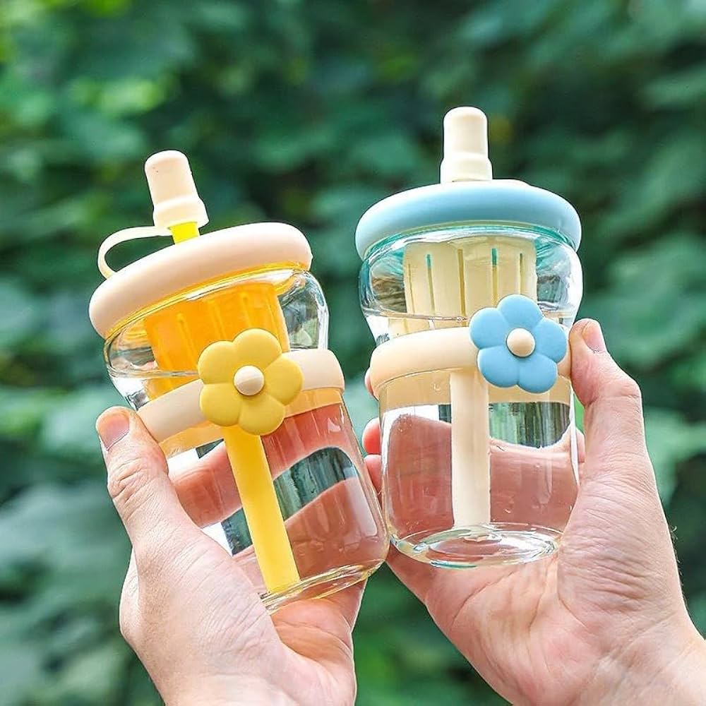 Glass Sipper Bottle with Flower Band