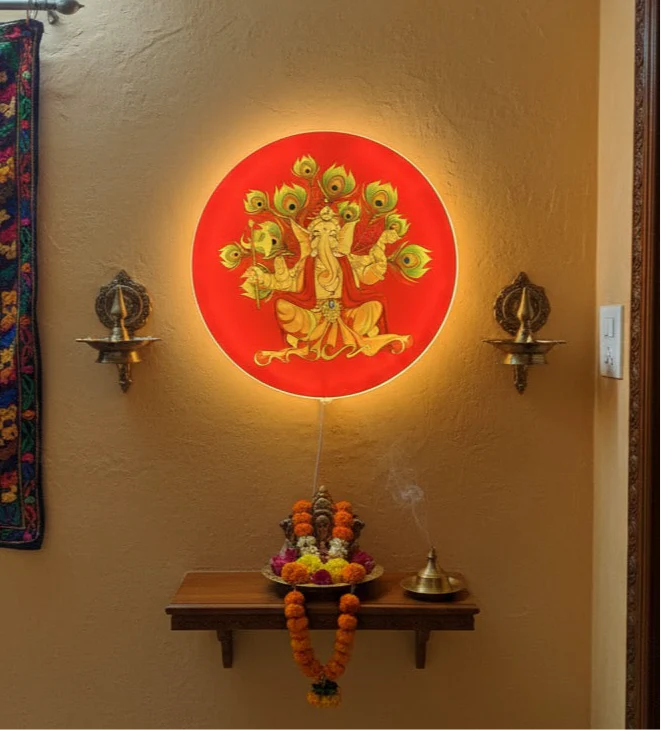 Round Shape Ganesh Ji Acrylic Hanging Board With Inbuilt Light