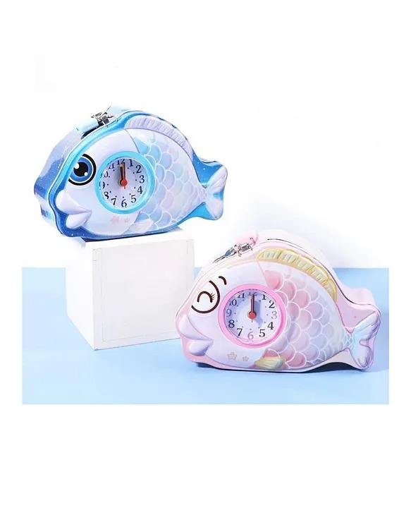 Fish-shaped piggy bank with a clock