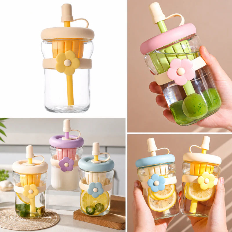 Glass Sipper Bottle with Flower Band