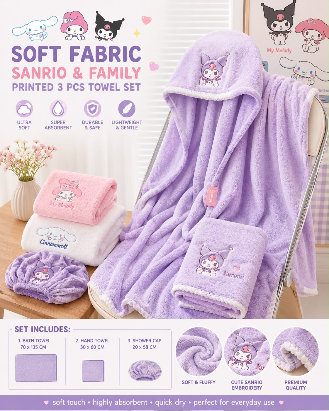 Sanrio Printed 3Pcs Towel Set