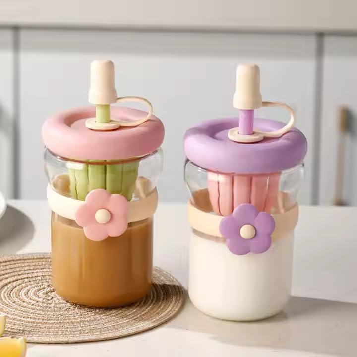 Glass Sipper Bottle with Flower Band