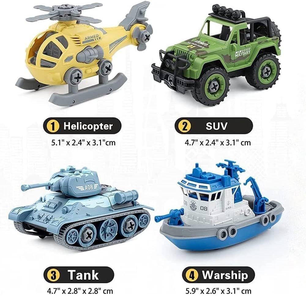 Military Army Foldable Vehicles Car Toy 4 Pack with Screwdriver Toy