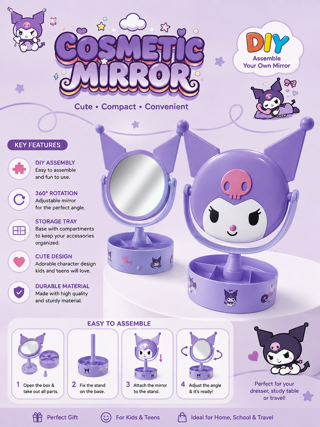 Kuromi Cosmetic Mirror with Storage Organizer